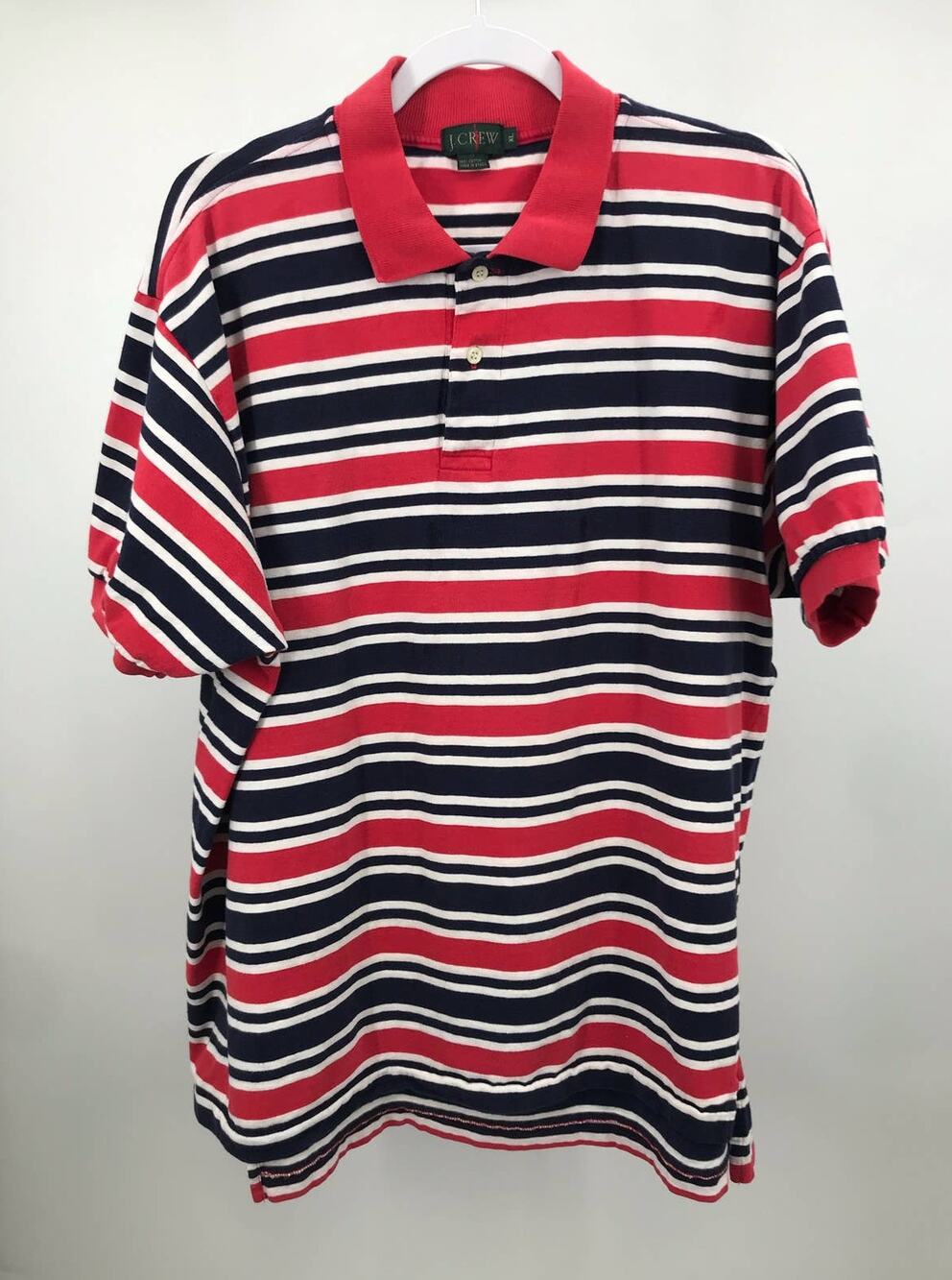 J. Crew Vintage Red White Blue Striped Short Sleeve Polo Shirt Mens XL